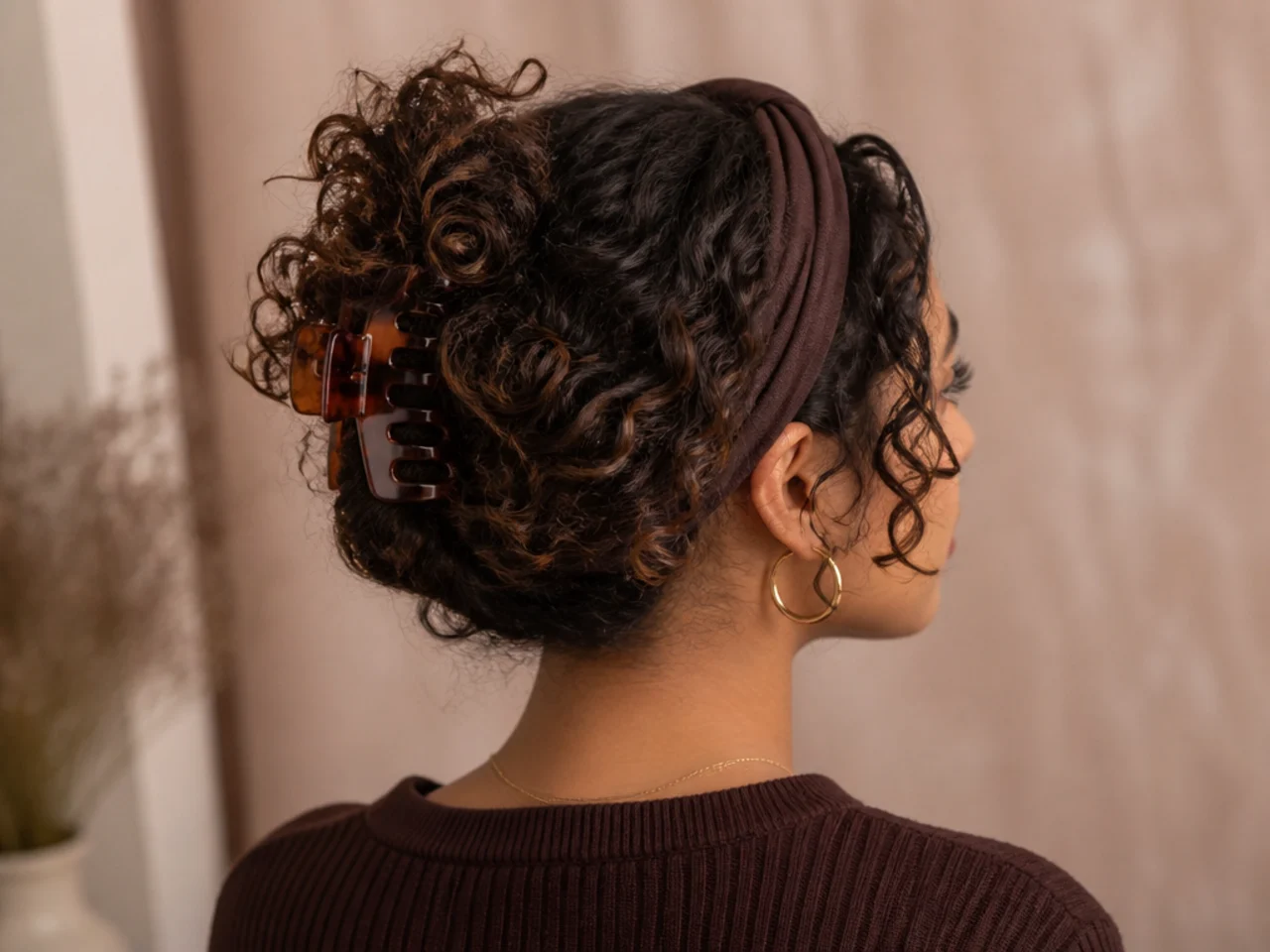 A headband worn with a clipped curly style