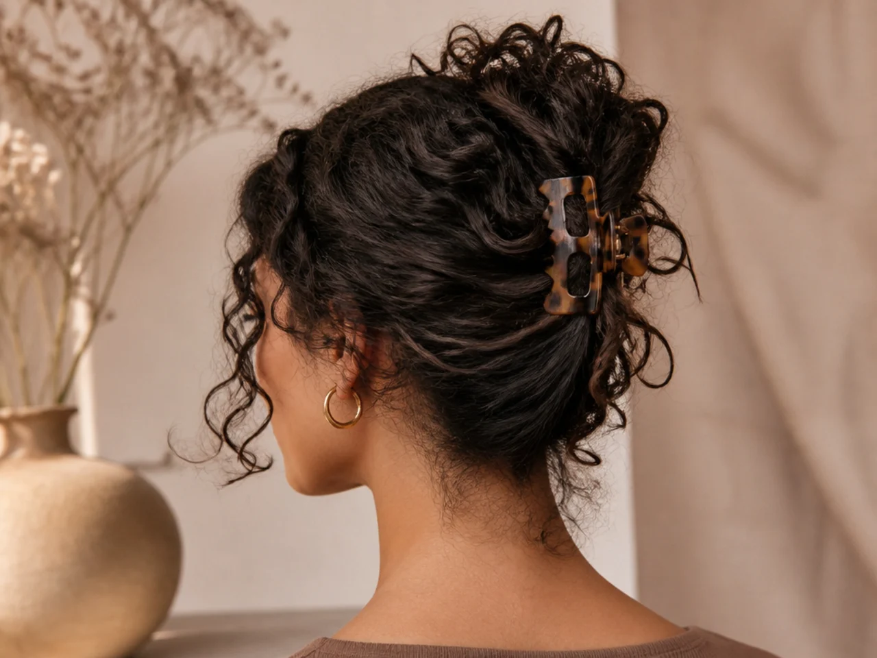 A loose curly French twist held with a clip