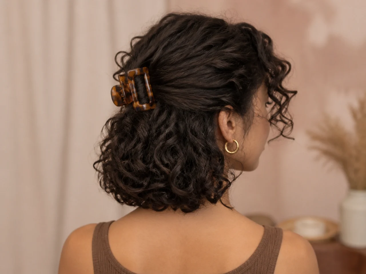 A curly bob worn half up with a clip