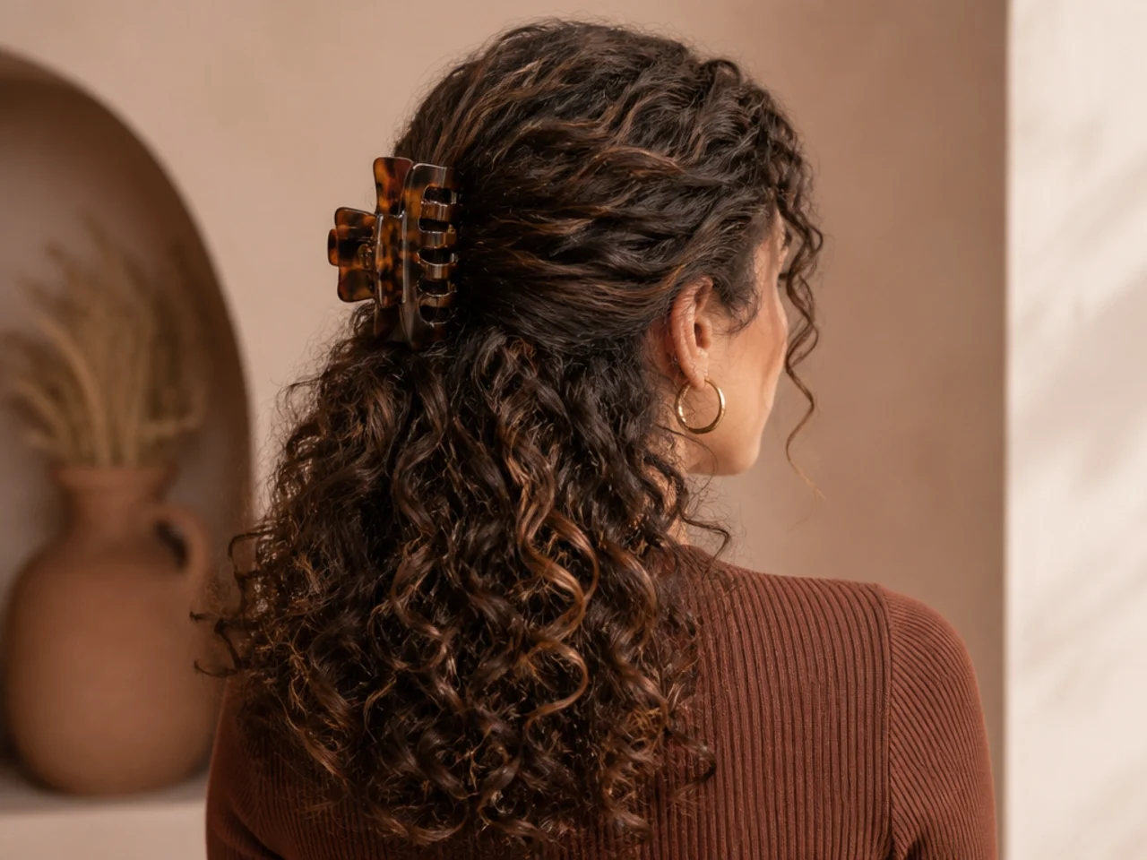 A curly half-up puff held with a clip