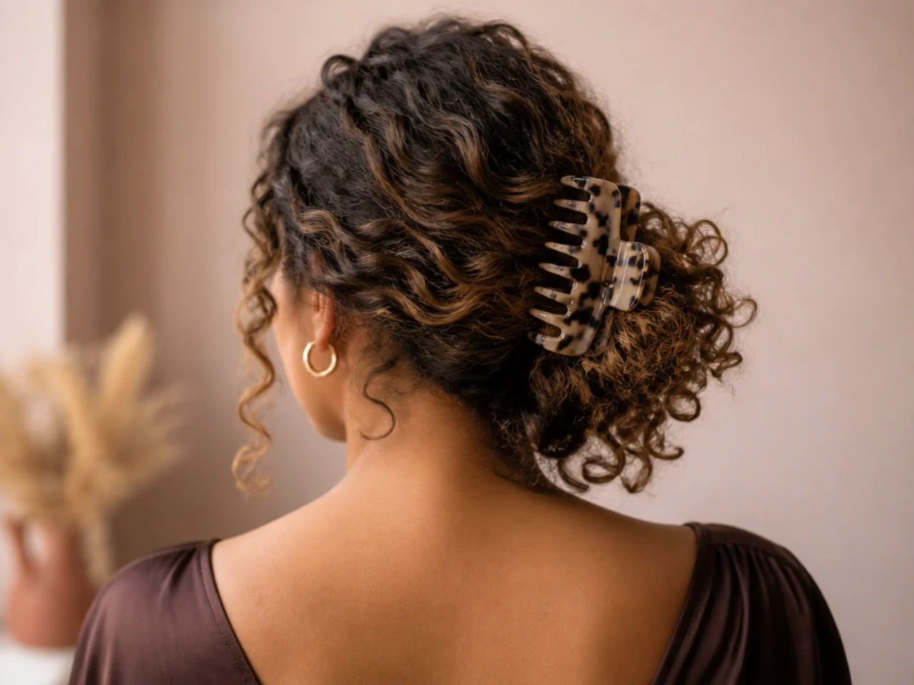Curls gathered to one side and clipped