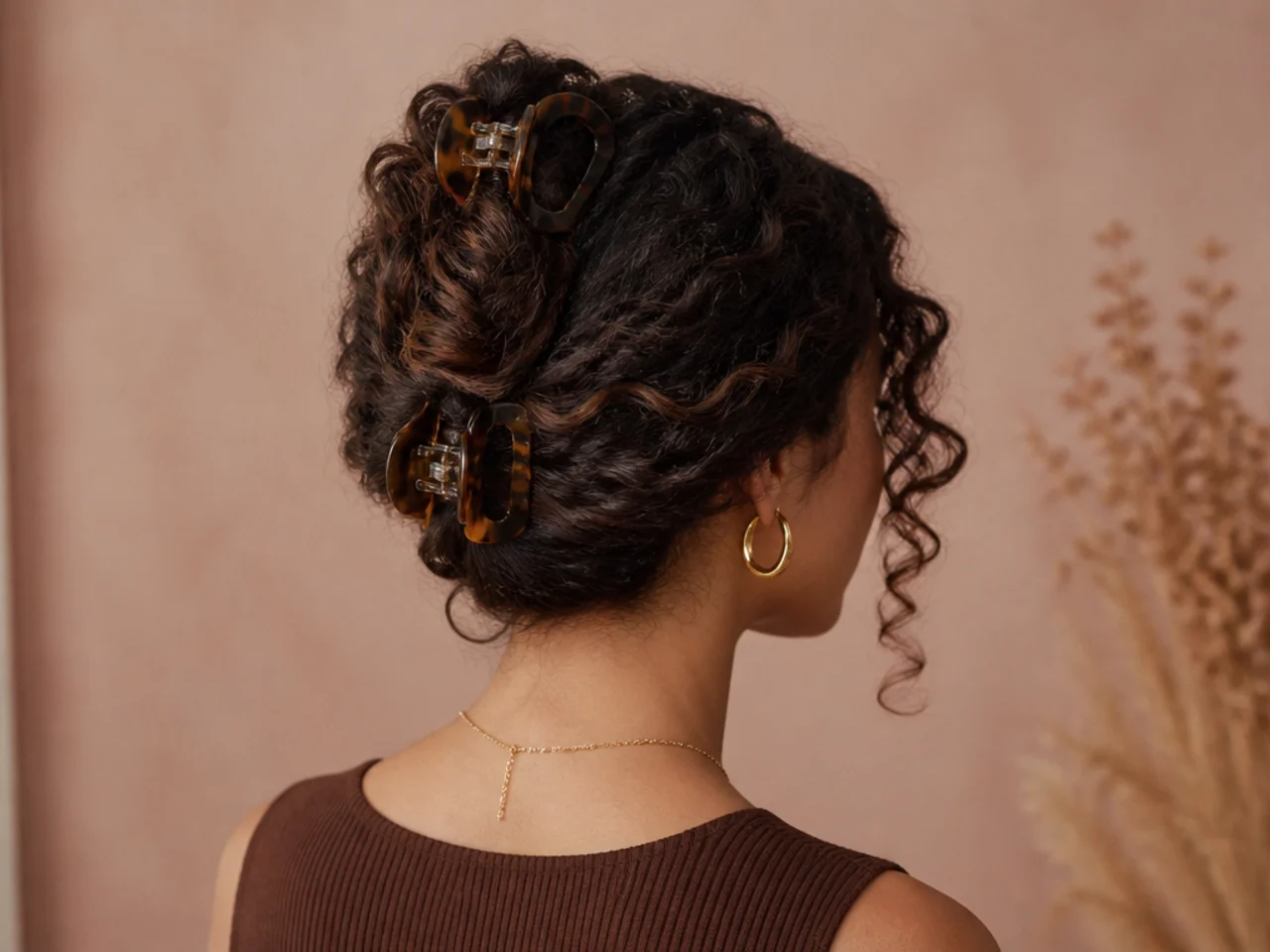Curly hair split and secured with two clips