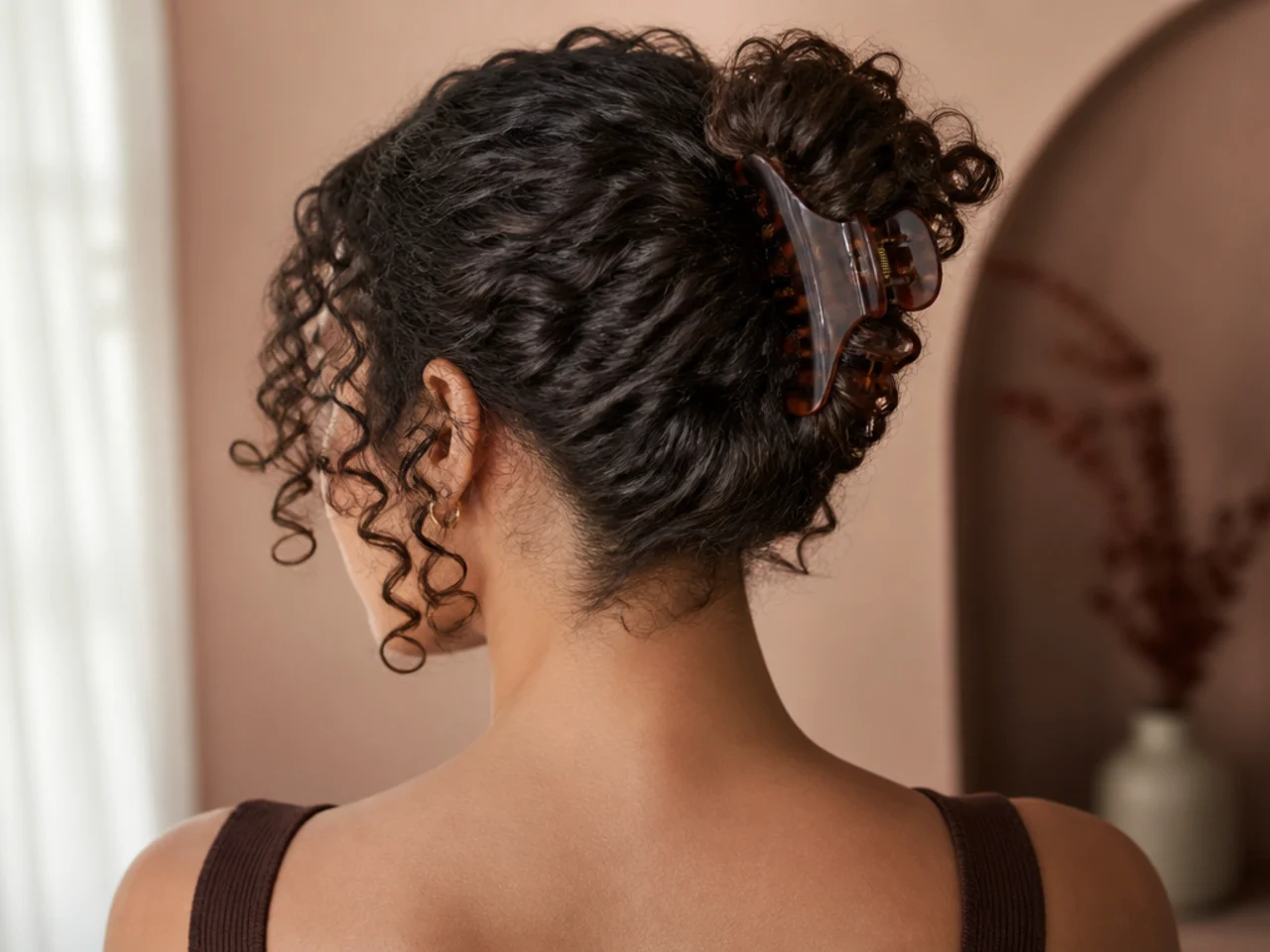 A clip closed at the root above the curl pattern