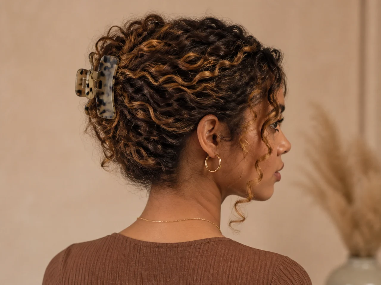 Three-quarter view of a finished curly clip style