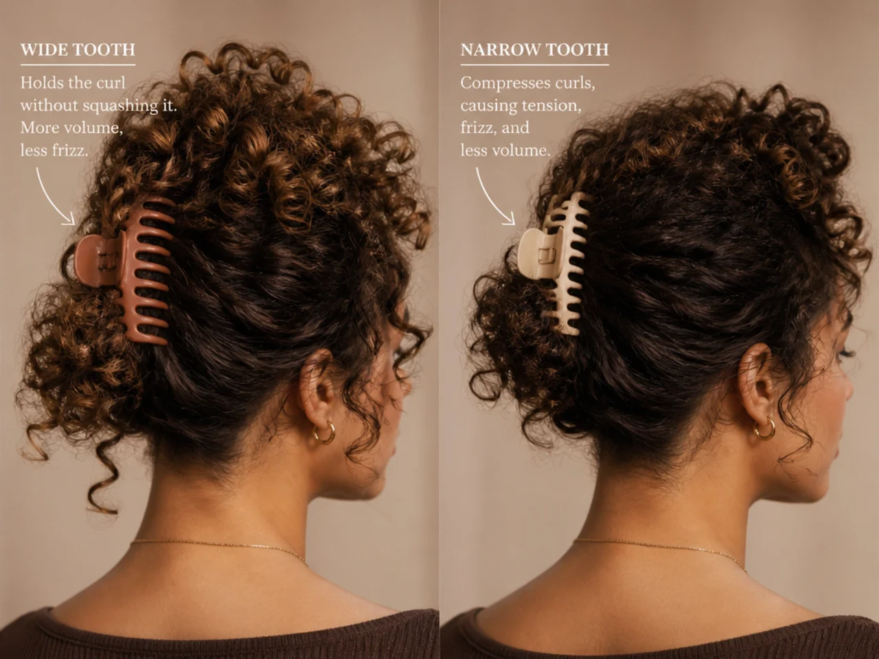 A wide tooth lodged in a curl pattern beside a narrow one compressing it