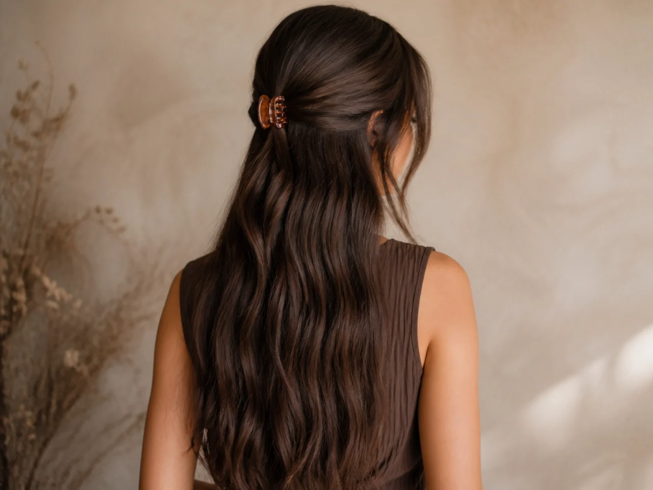 A small half-up clip on waist-length hair