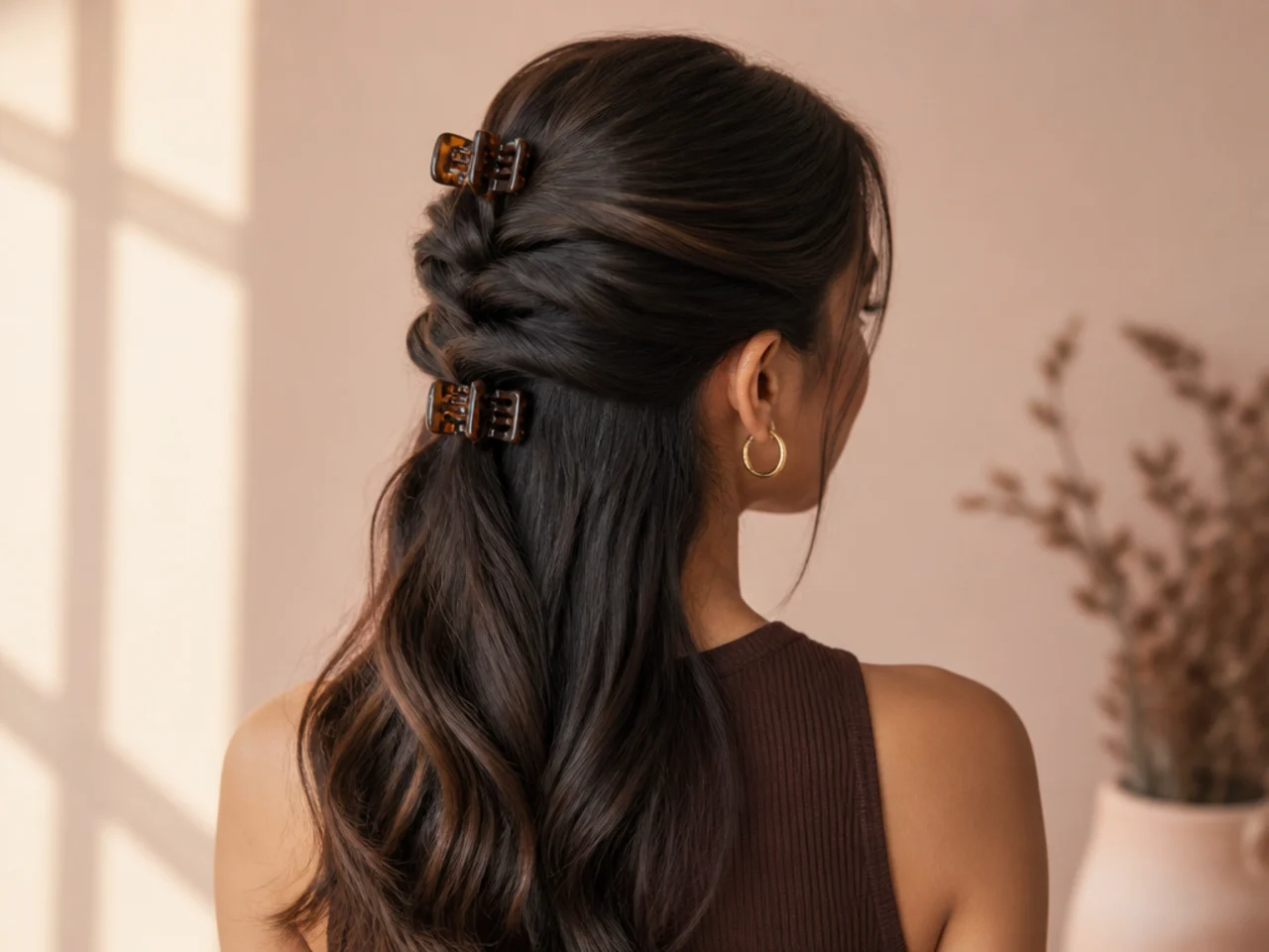 Long hair split and secured with two clips