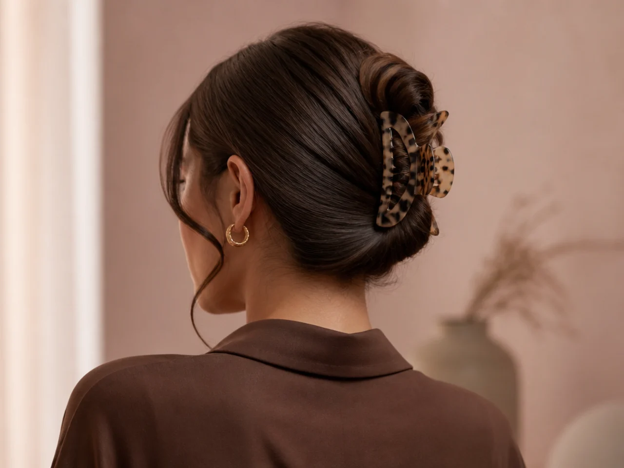 A folded ponytail secured with a claw clip