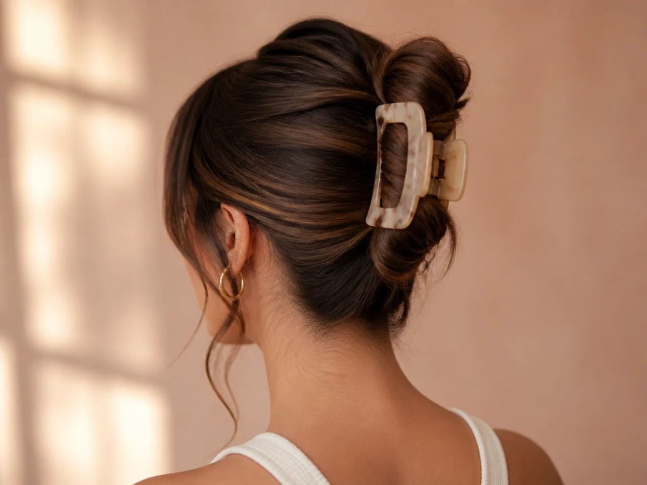 A French twist on long hair held with a clip