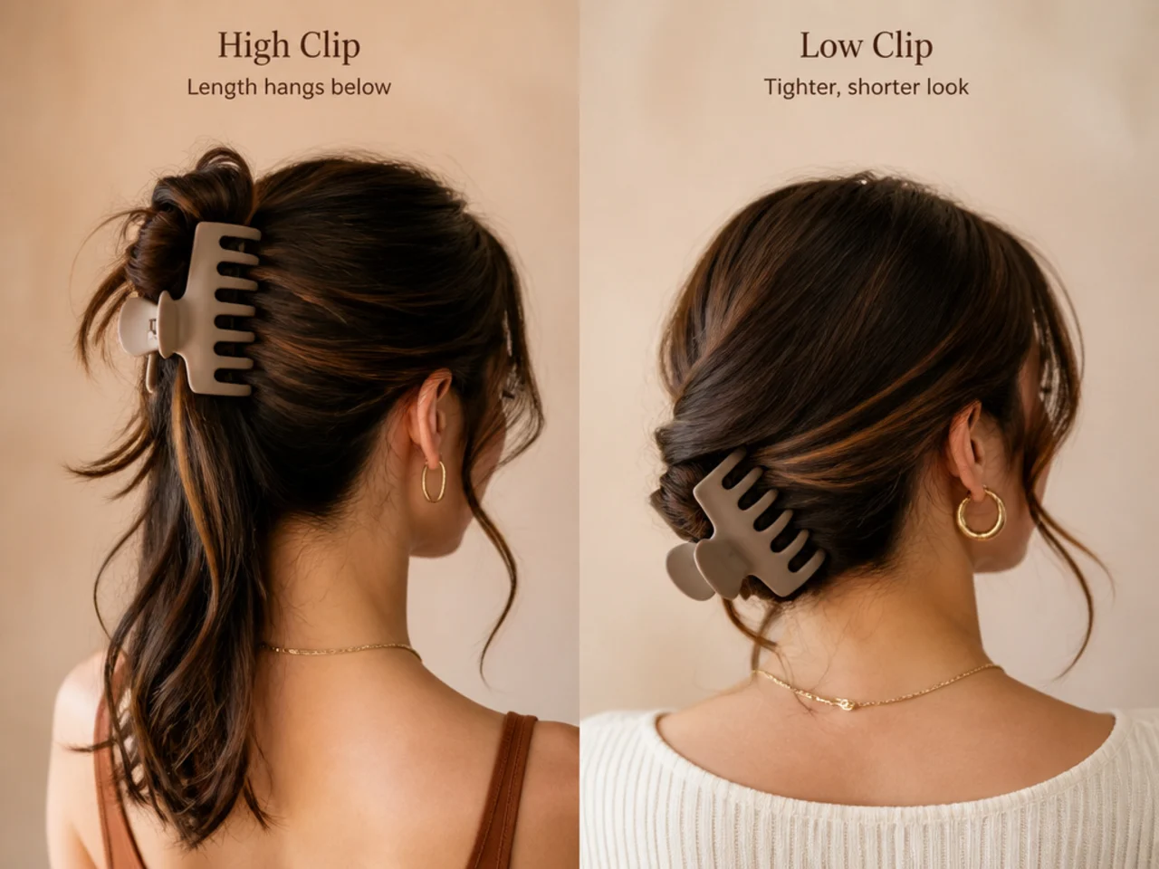 A high clip with length hanging below compared with a low one