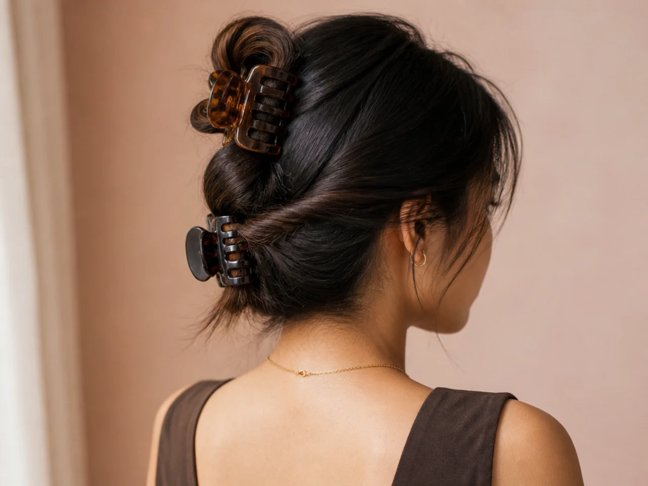 Medium hair split and secured with two clips