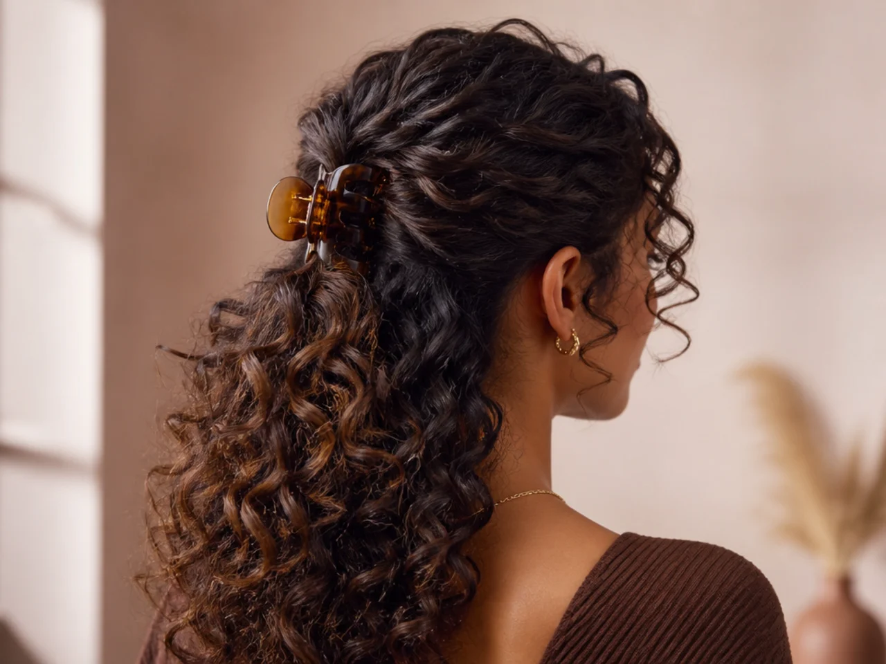A curly half-up held with a clip