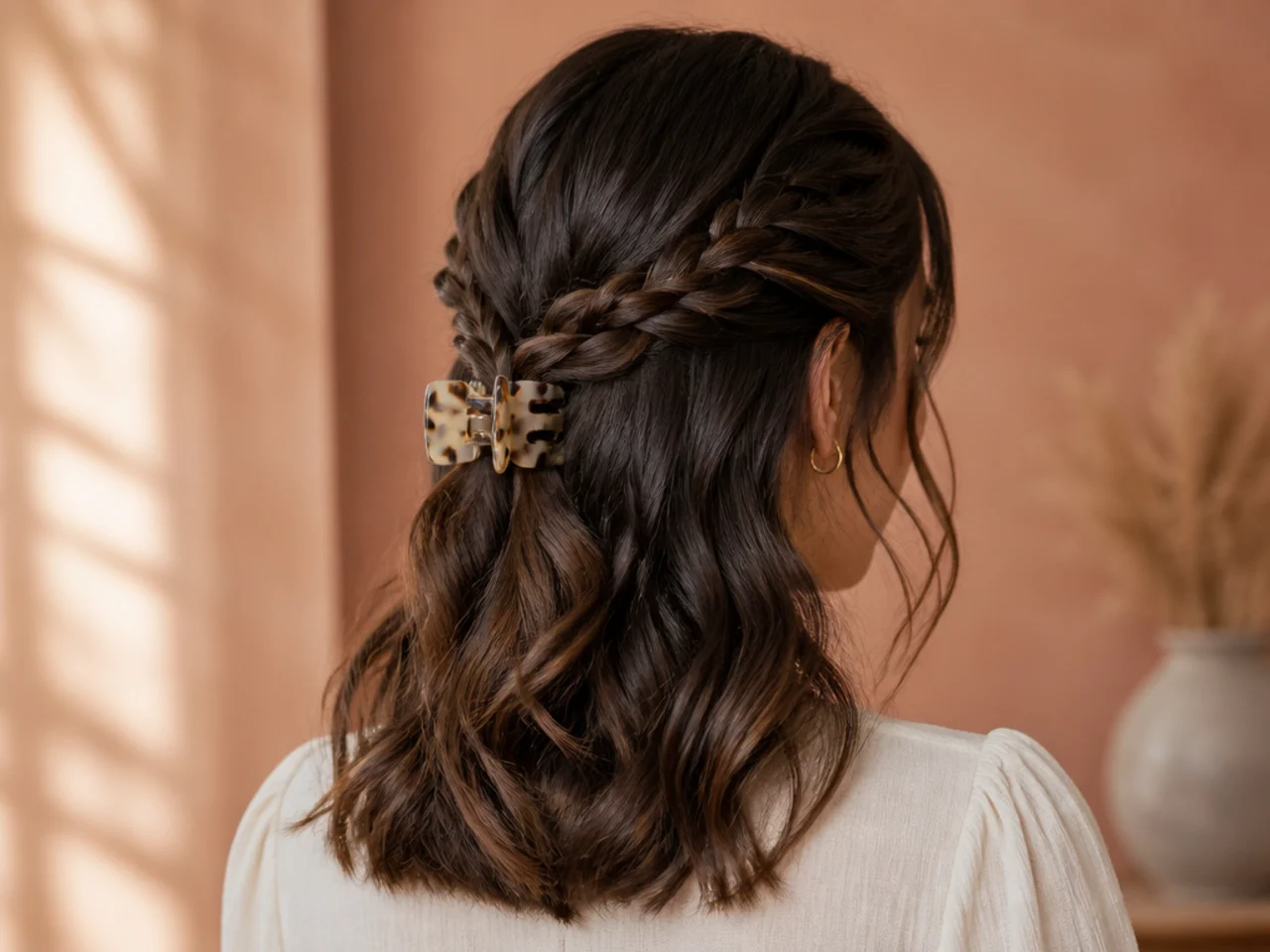 A braided half-up secured with a clip
