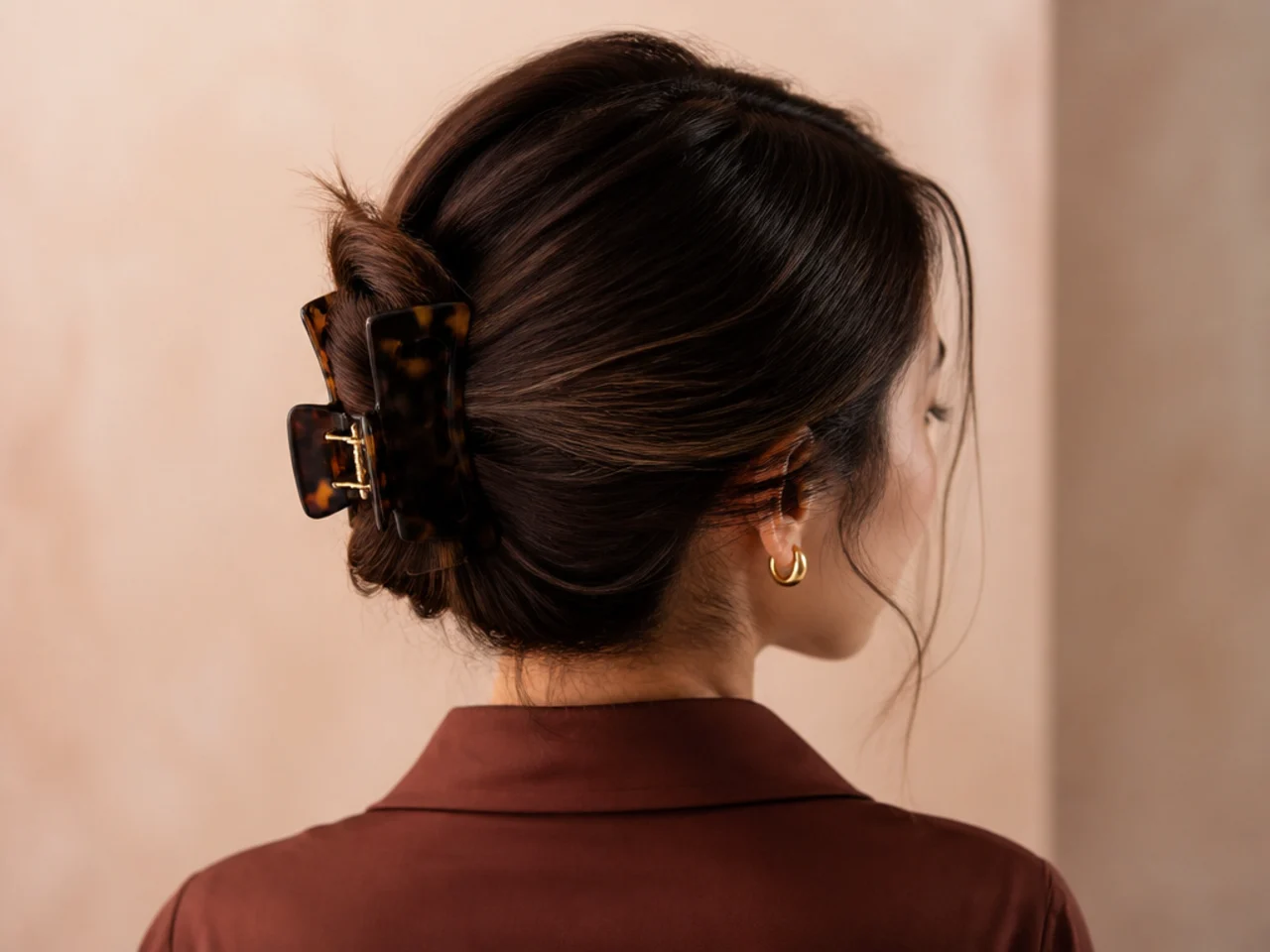A deep side part above a clipped chignon
