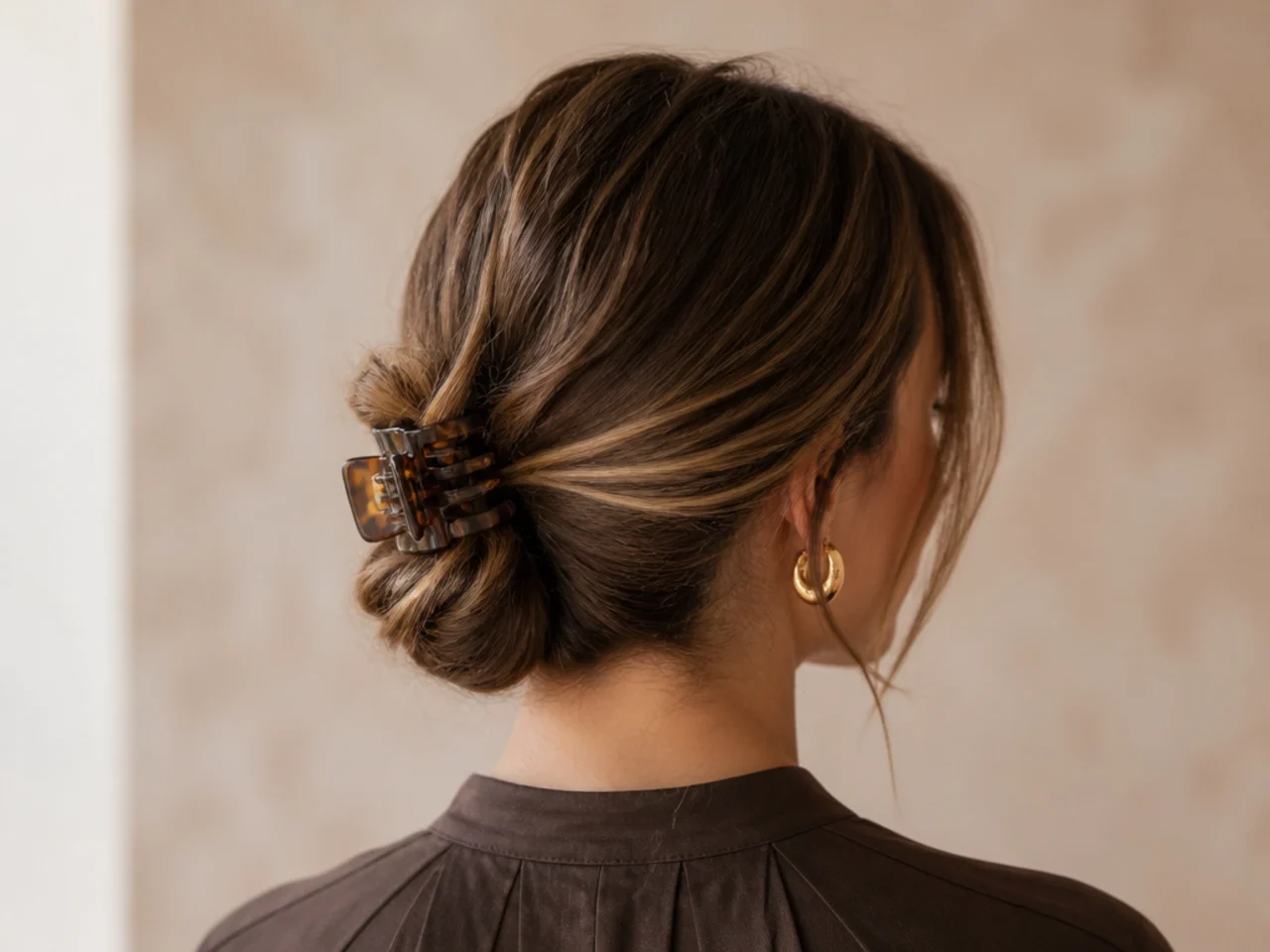 A low clipped chignon on medium hair
