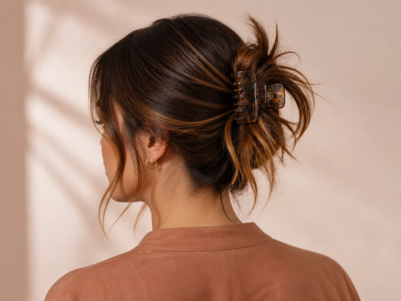 A messy clipped bun with ends left out