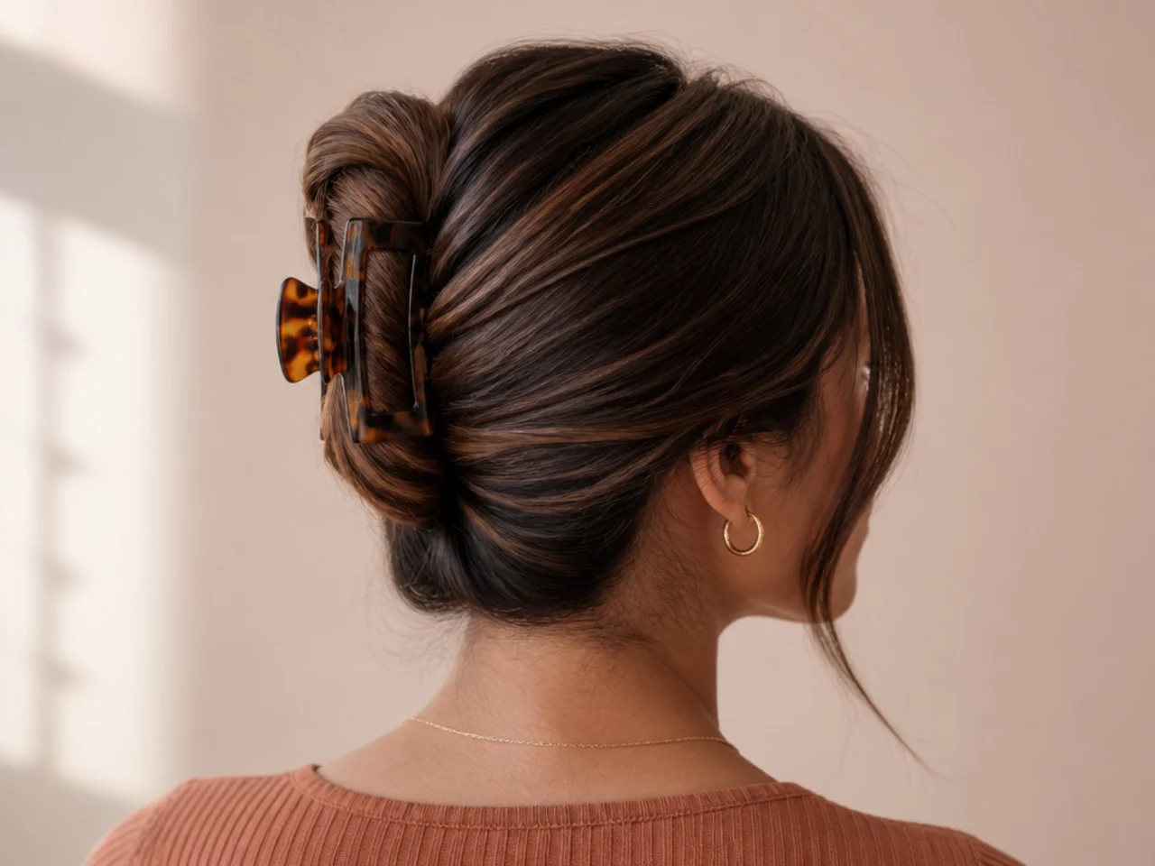 A folded ponytail secured with a clip