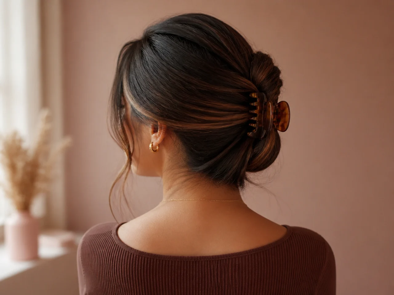 Medium hair swept to one side and clipped