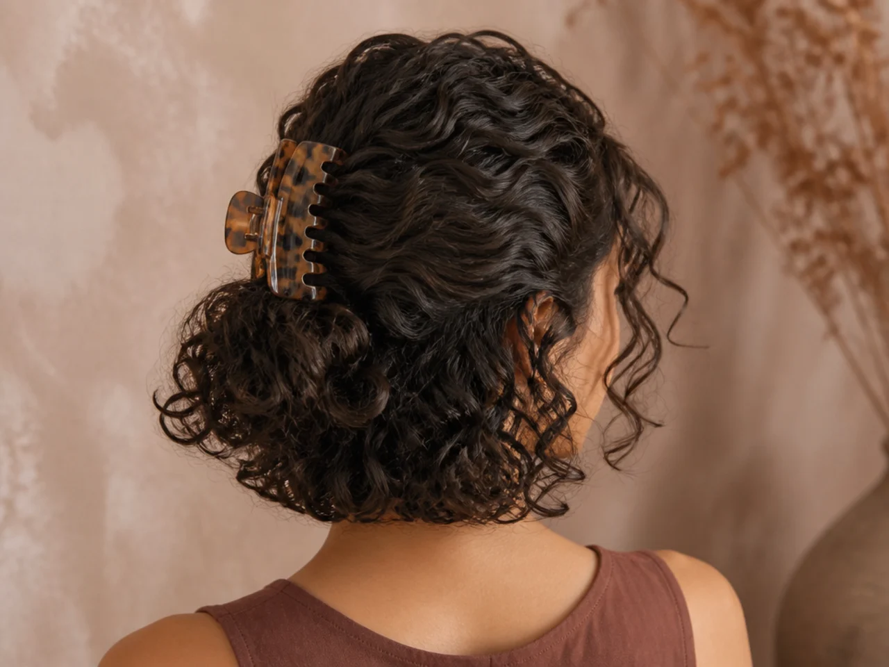 A curly bob worn half up with a clip