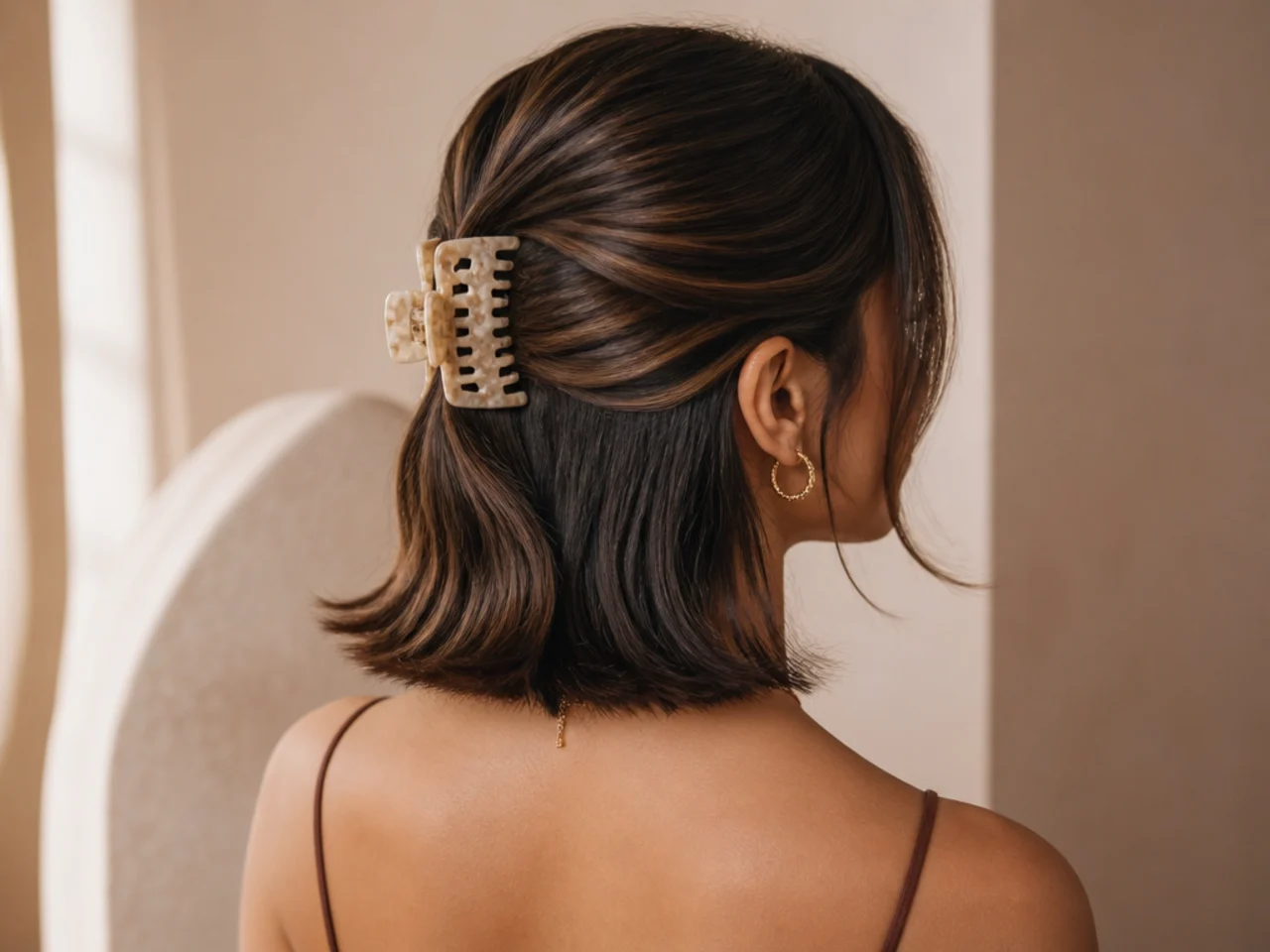 A clipped half-up with ends curled outward