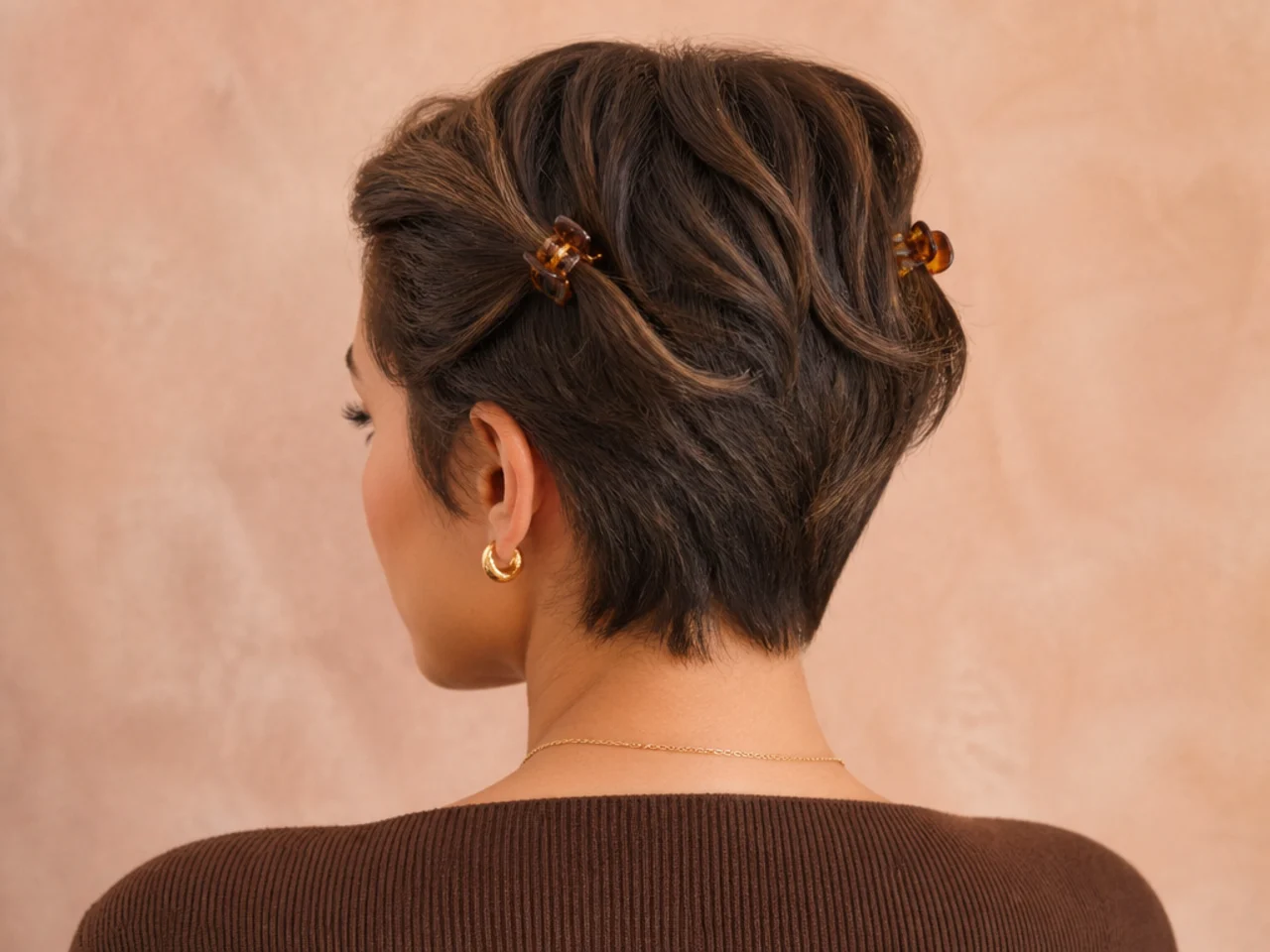 Two mini clips at the temples of a pixie cut