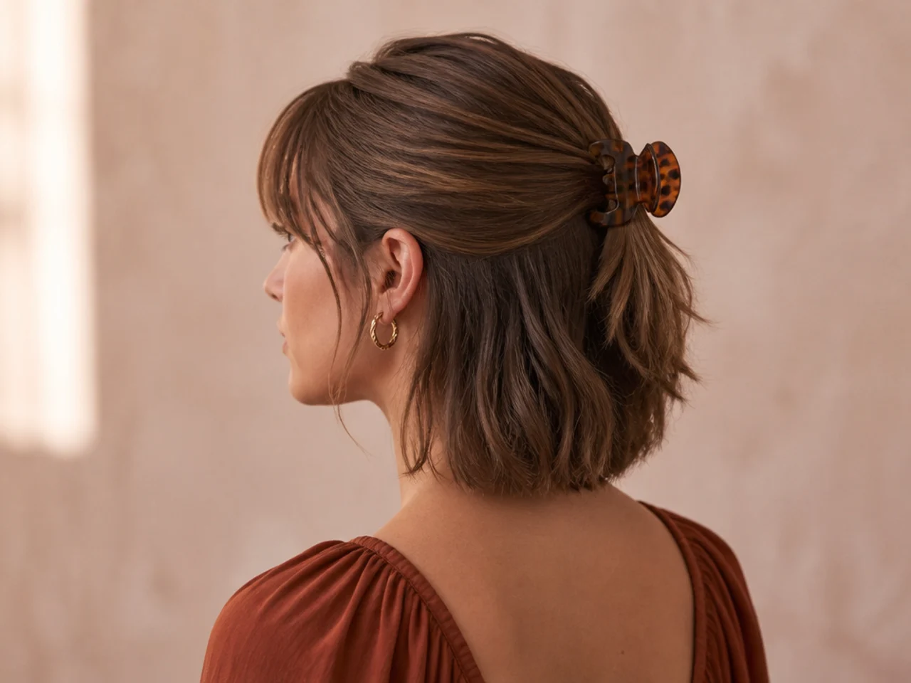 A half-up clip worn with a fringe left out
