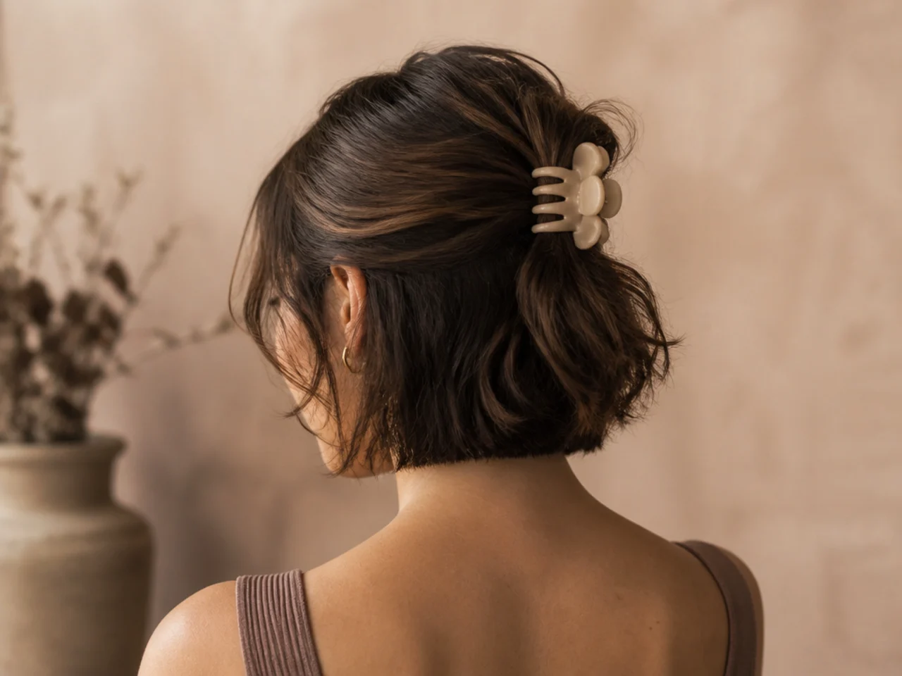 A textured half-up on short hair