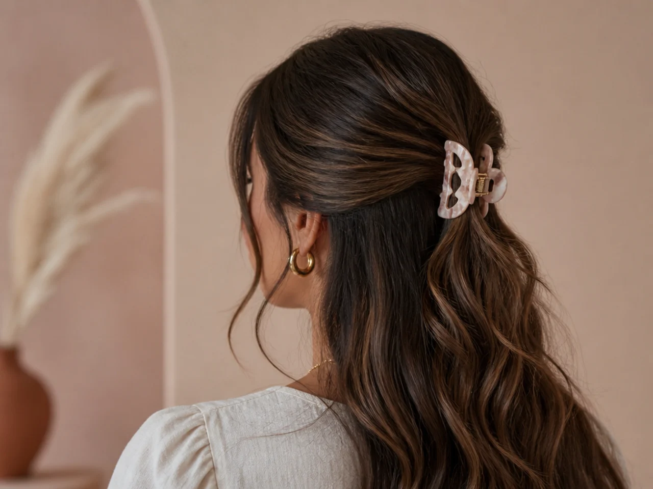 A decorative claw clip on a fine-hair half-up