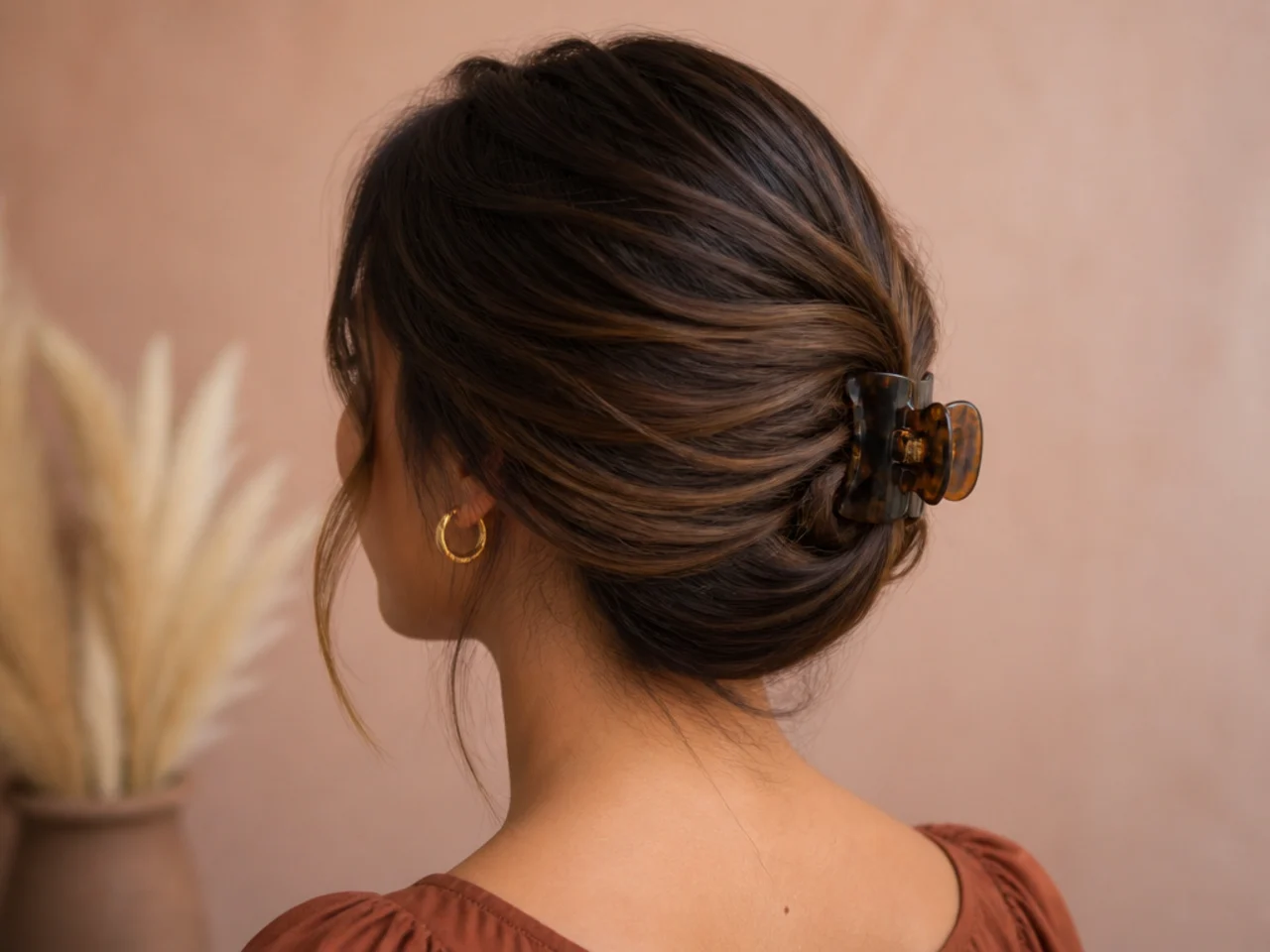 Hair swept to one side and clipped