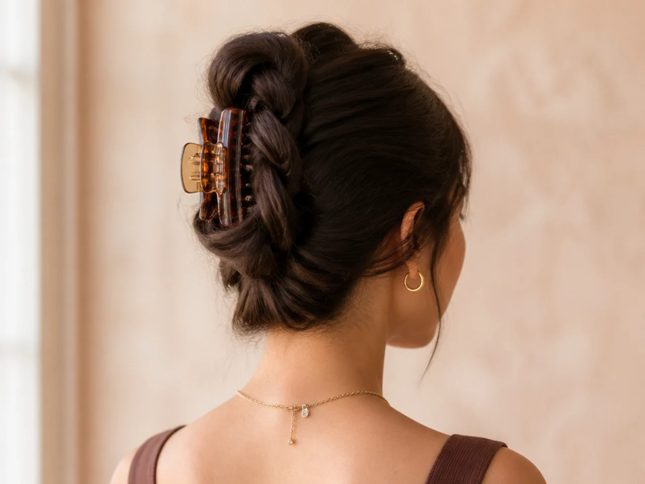 A braid folded up and secured with a clip