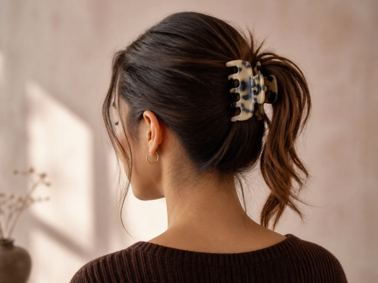 A claw clip fastened over a secured ponytail