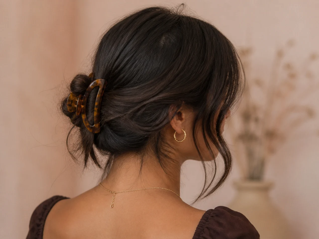 A messy low bun with pieces pulled loose