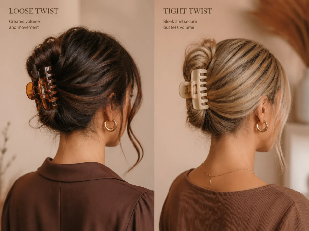 A loose twist compared with a tight one holding the same hair