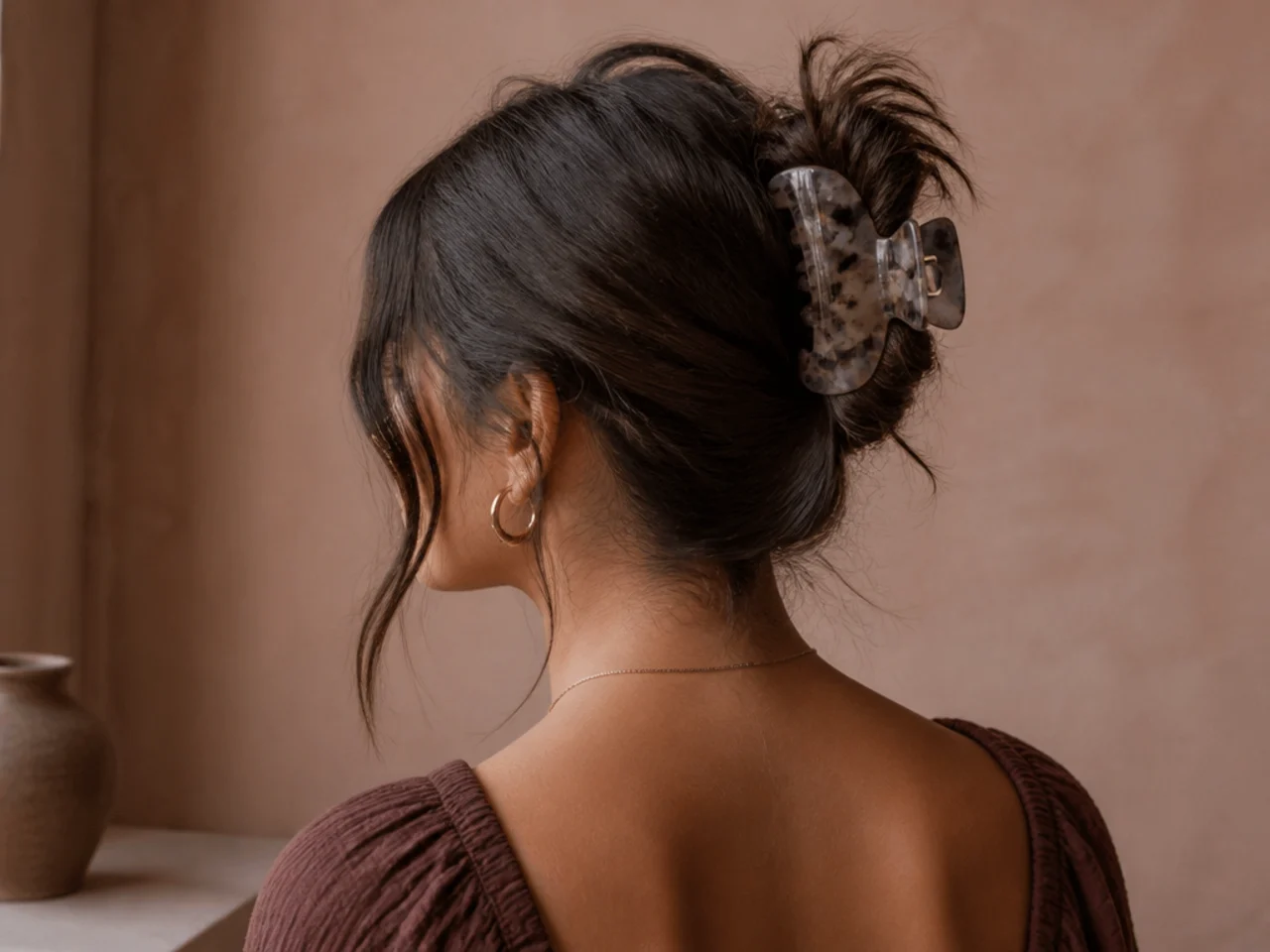 A messy bun with three pieces pulled loose