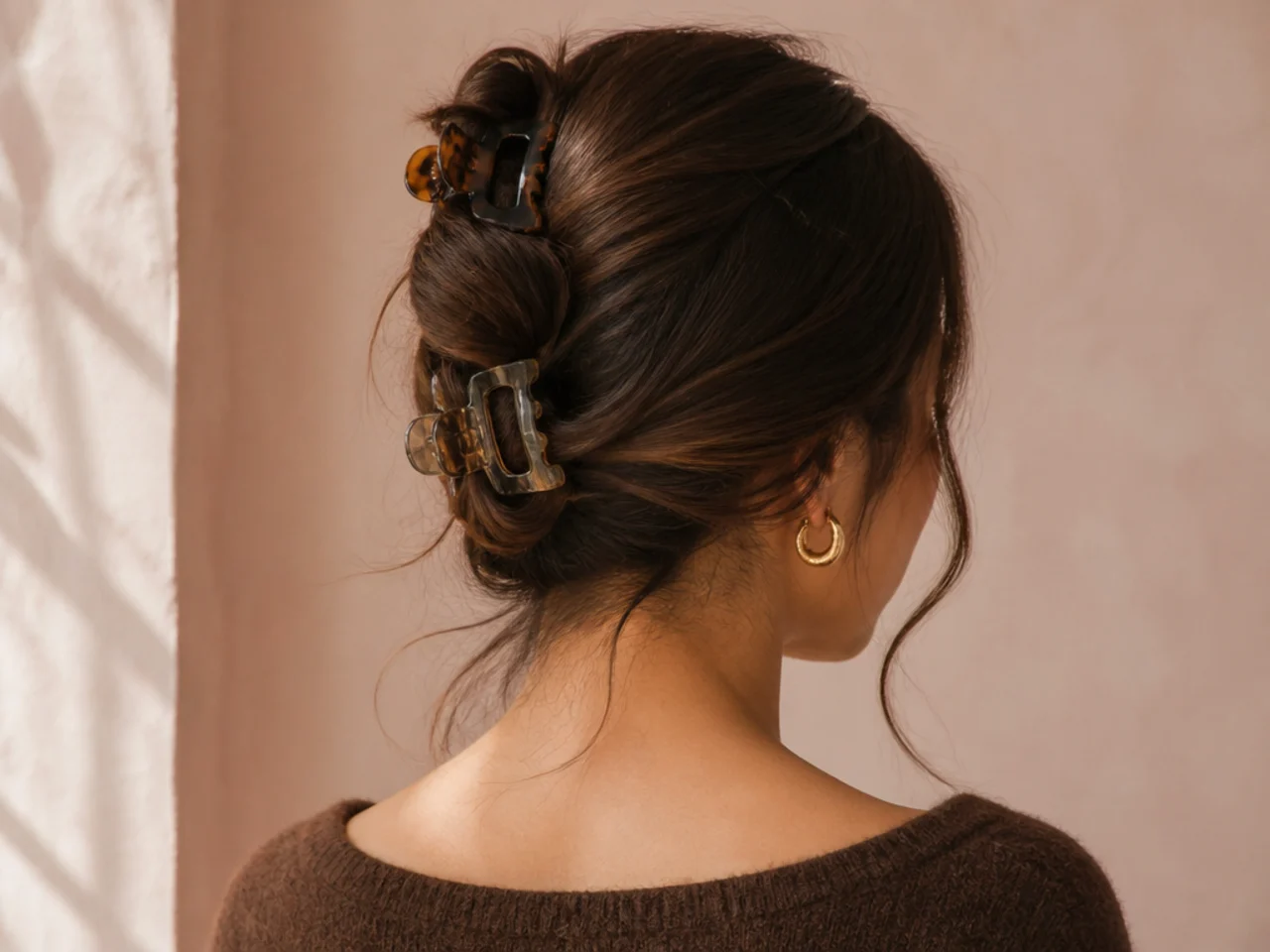 Hair split and secured with two clips