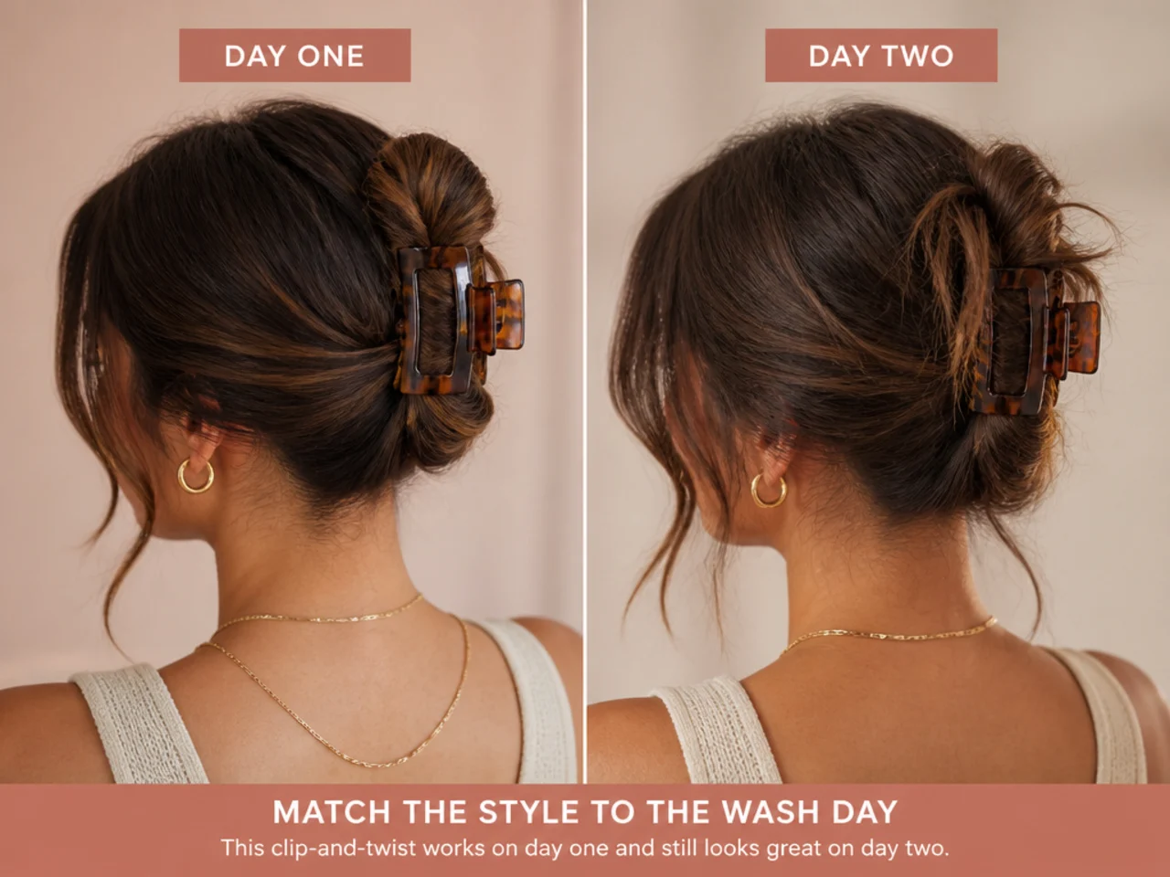 The same style shown on day one and day two hair