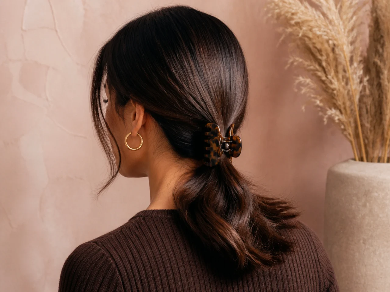 Low ponytail secured with a claw clip instead of an elastic