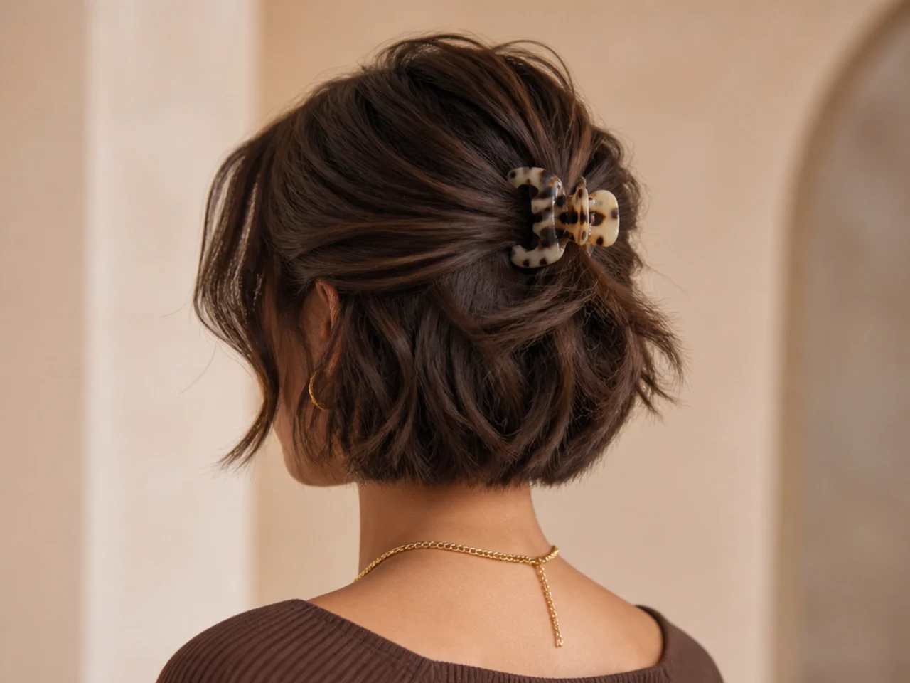 Short hair secured in a small half-up claw clip