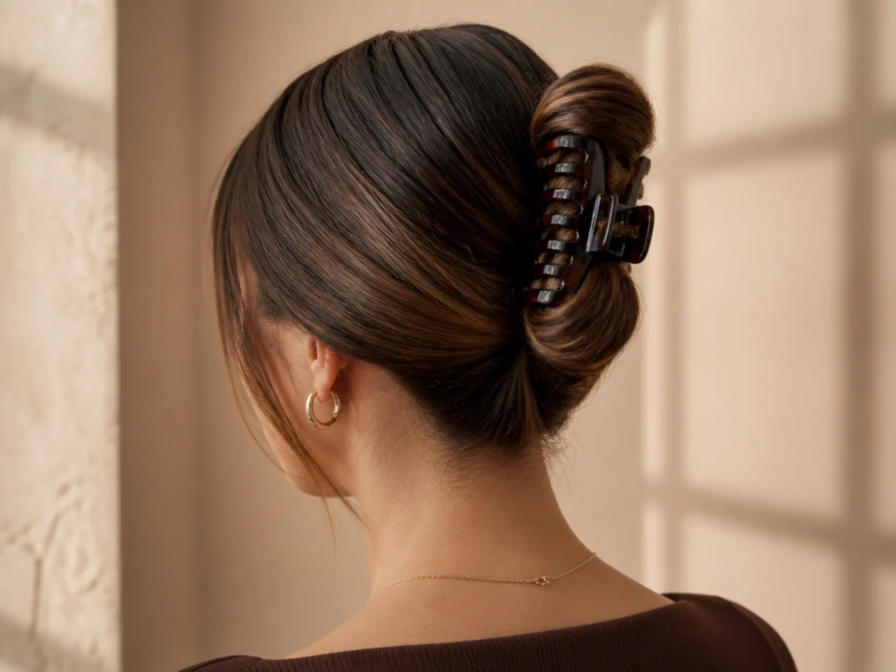 Claw clip style with a clean centre parting