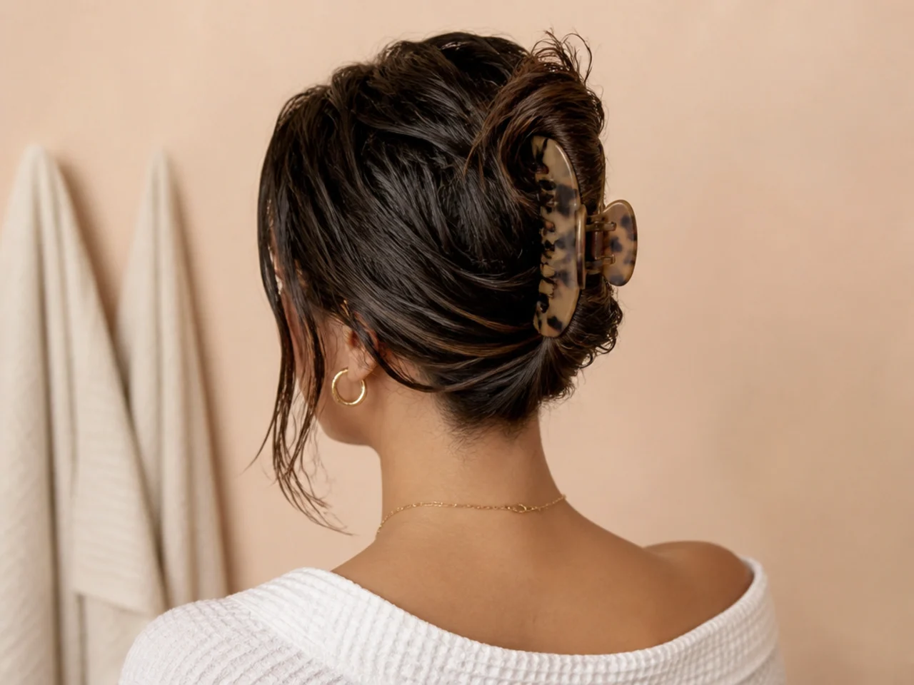 Damp hair twisted into a claw clip to dry