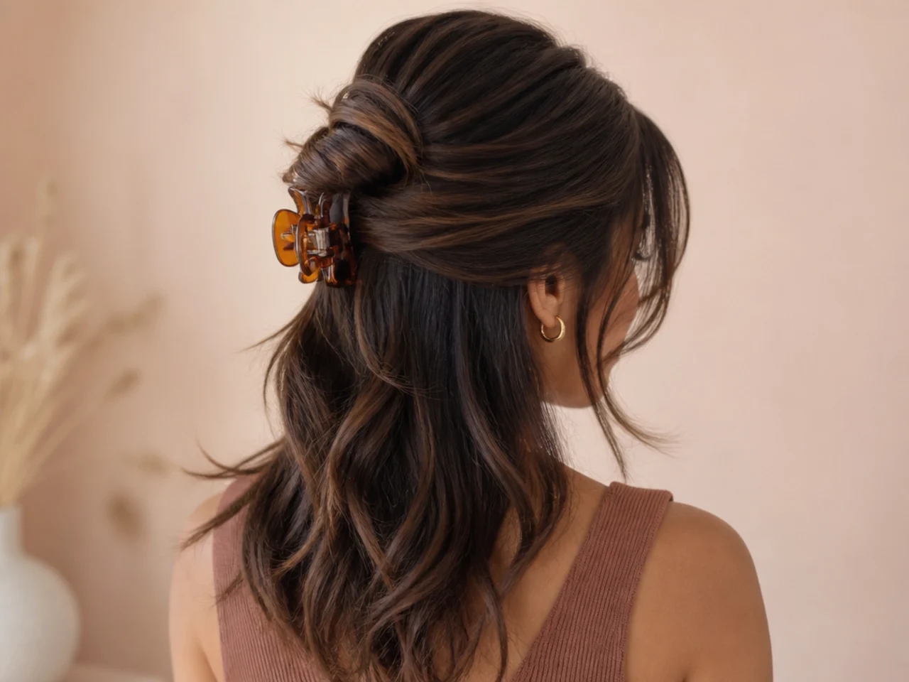 Layered hair clipped with shorter layers left loose