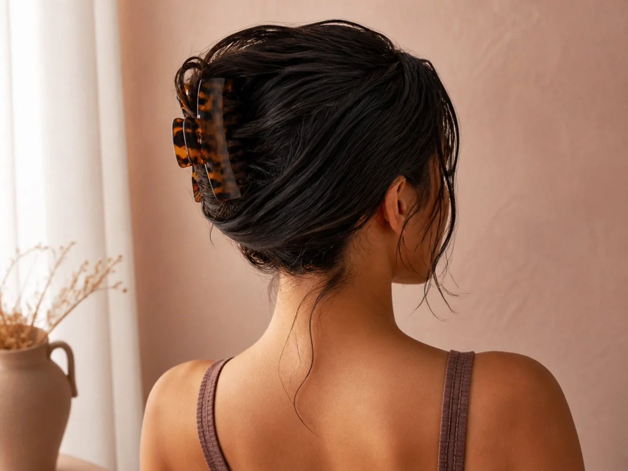 Loose overnight claw clip twist in damp hair