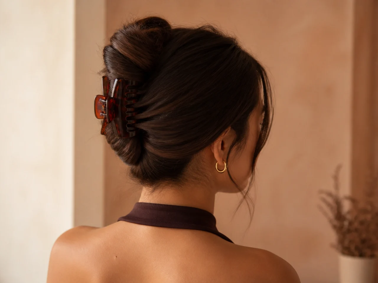 Hair coiled into a bun and secured with a claw clip