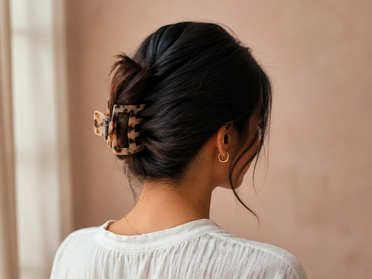 Hair twisted to one side and clipped