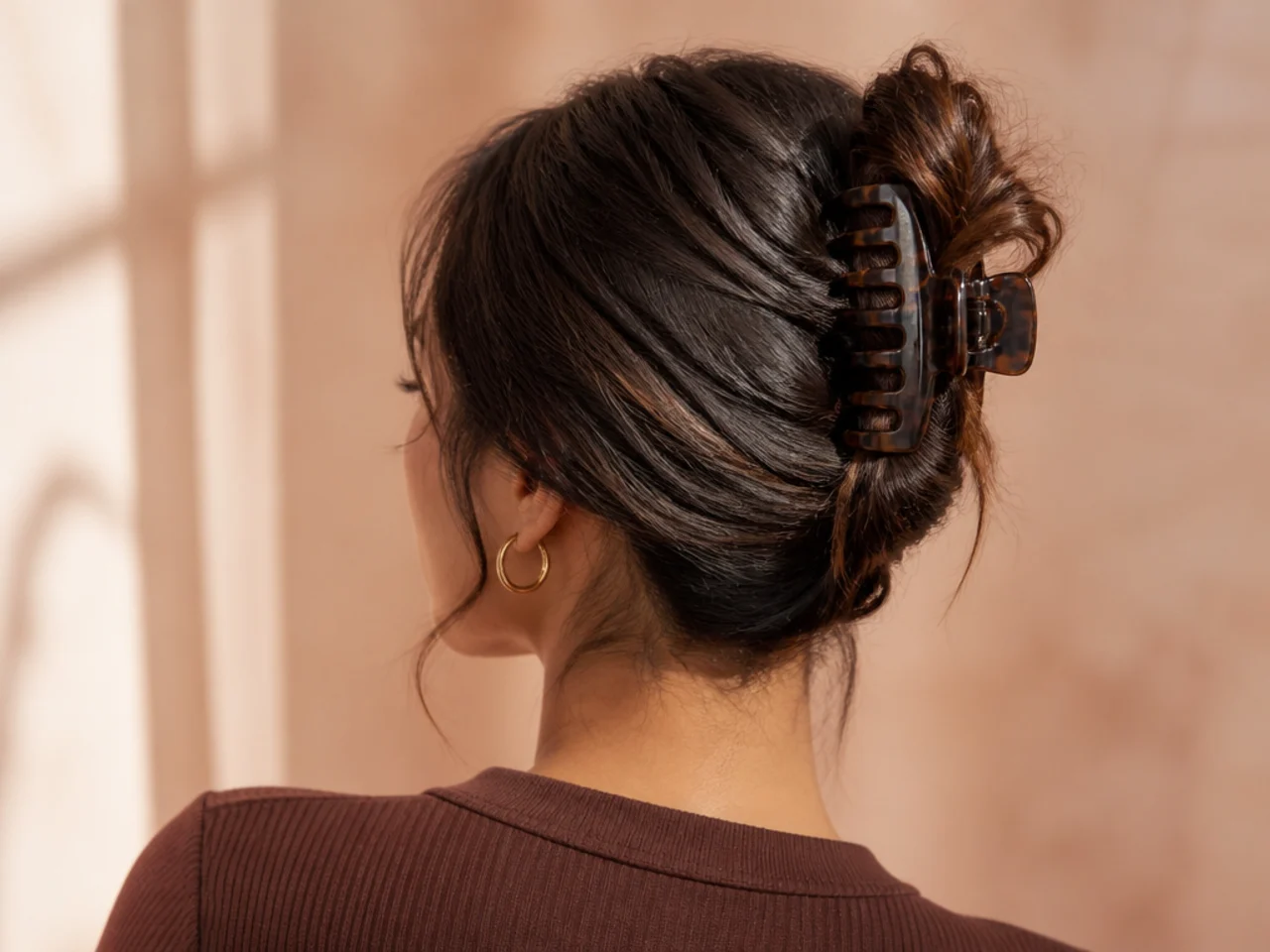 Three-quarter view of a finished claw clip updo