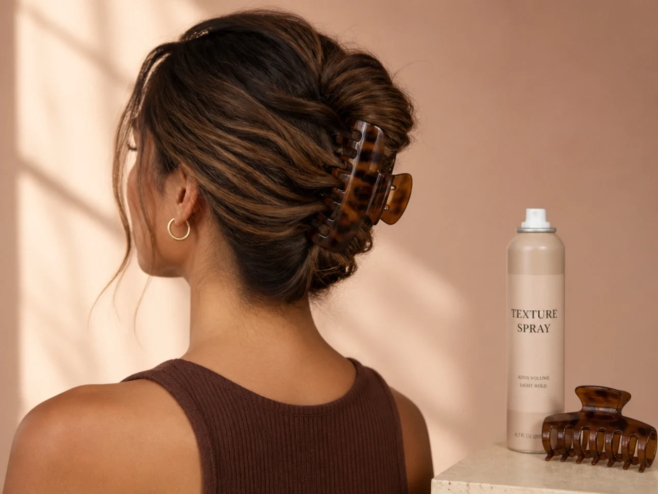 Texture spray beside a wide claw clip