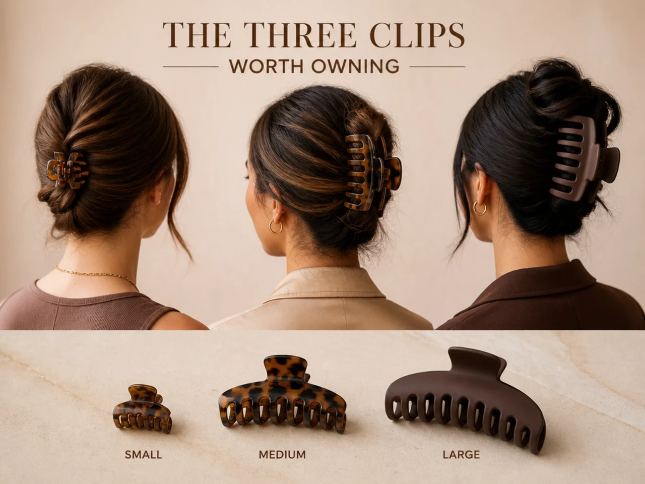 A small, medium and large claw clip laid out together