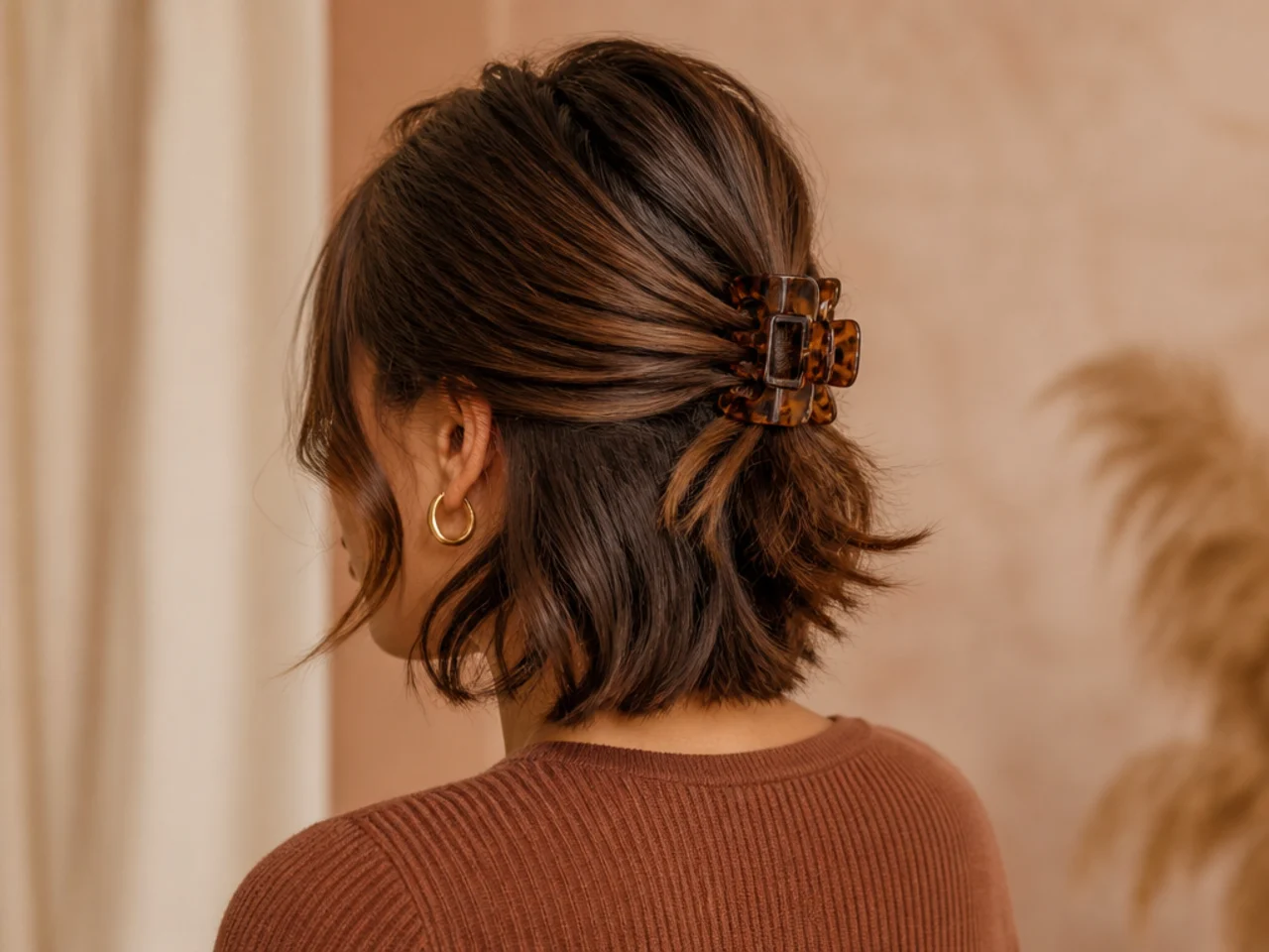 Short hair in a small half-up claw clip