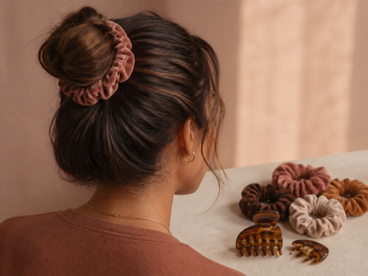 A collection of scrunchies beside a broken claw clip hinge