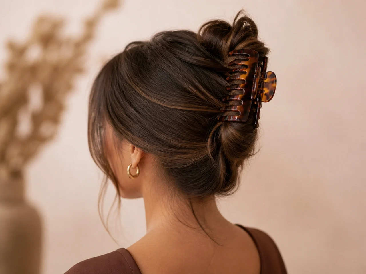A full twisted updo secured with a claw clip